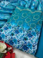 Digital Print Three Piece with Embroidered Sleeves and Cut Work Orna