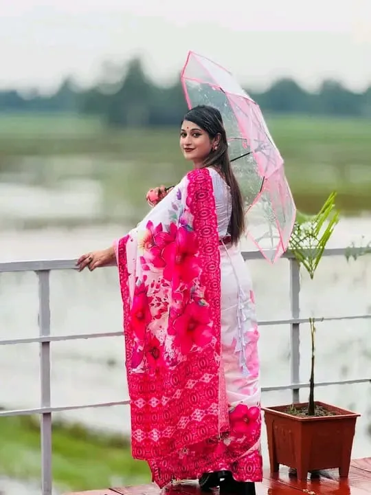 Chanderi Silk Flower Print Saree with Printed Border, 5 Colours