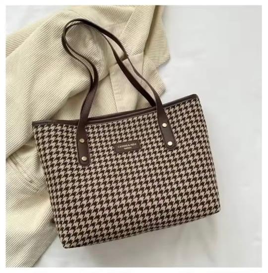 Women's Check Pattern Tote Bag with Zipper, 6 Colours
