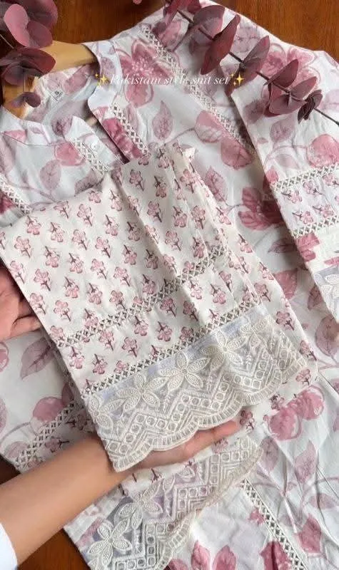 Full Body Embroidery Pure Cotton Three Piece, Sizes M to XXL