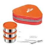 MILTON Triyum Stainless Steel Tiffin, 3 Container, 280 ml Each, with Jacket, Spoon & Fork, Orange | Lunch Box | Food Grade | Odour Proof | Light Weight | Hygienic