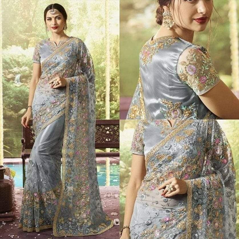 Full Embroidered Georgette Saree, Blouse Piece Included, 6 Colours