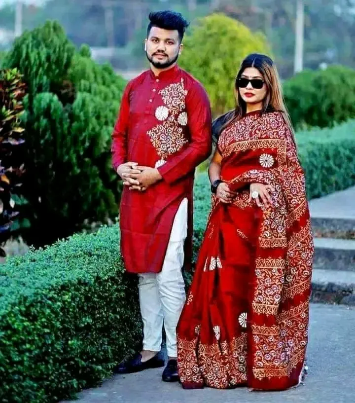 Block and Screen Print Couple Set, Saree and Panjabi, S to XL