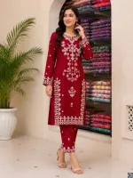 Linen Full Body Embroidery Two Piece Set, M to XXL