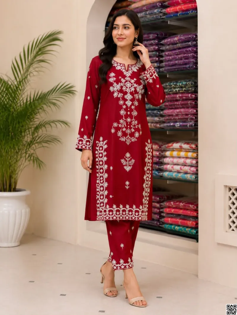 Linen Full Body Embroidery Two Piece Set, M to XXL