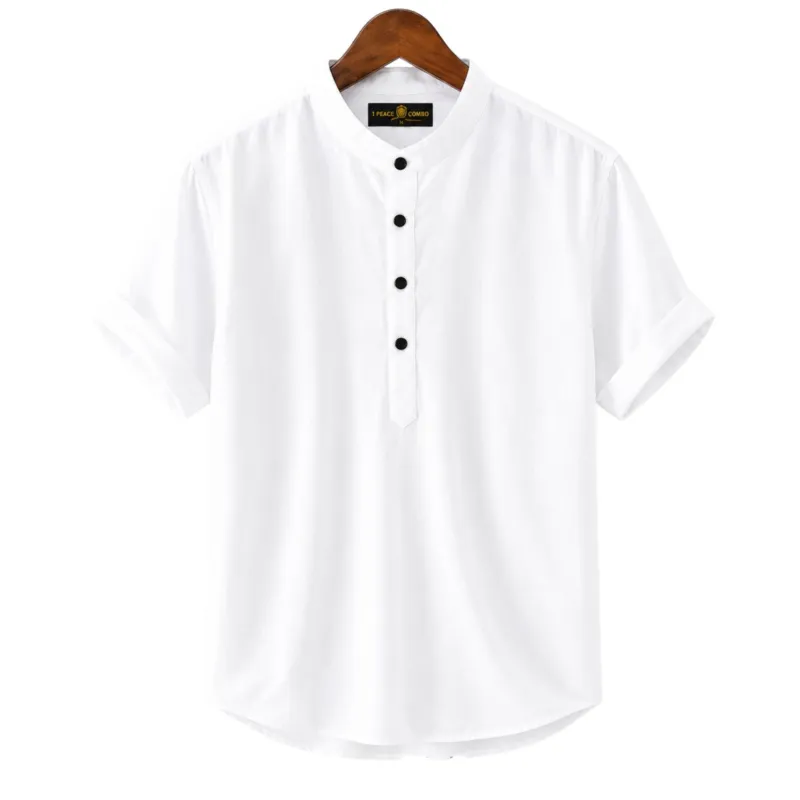 Men's Short Sleeve Oxford Cotton Katua with Band Collar, M to XXL