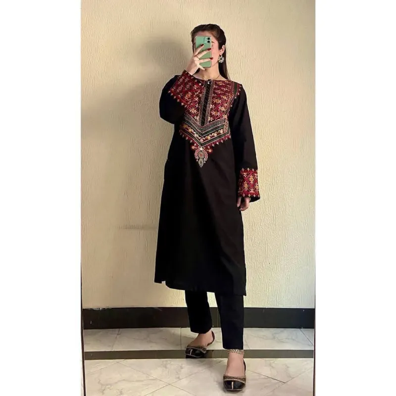 Women's Slub Cotton 2 Piece Set with Full Embroidery