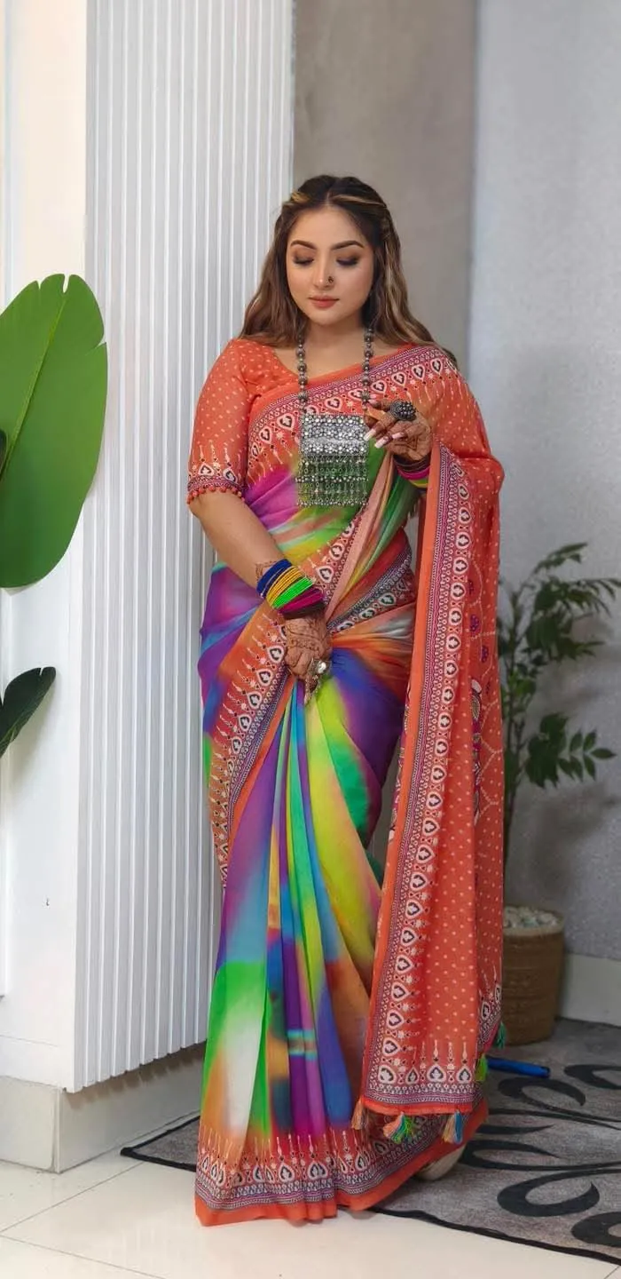 Chanduri Soft Silk Saree with Body Digital Print and Tassels