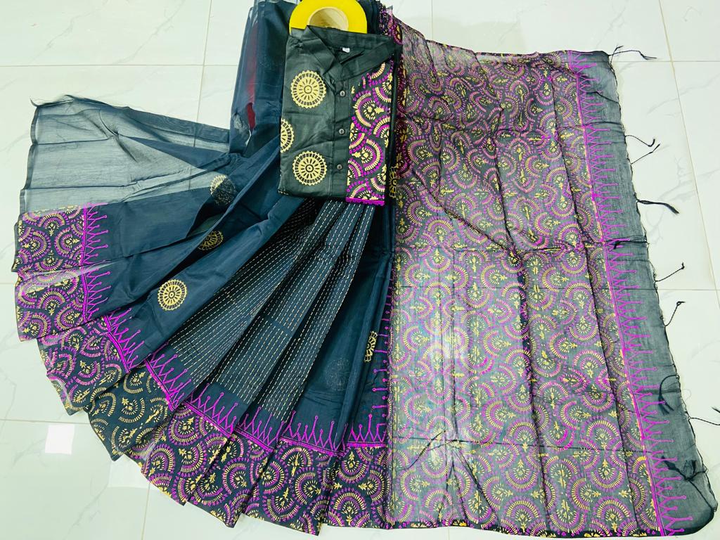 Dhupian Silk Block Print Saree and Panjabi Set for Couples