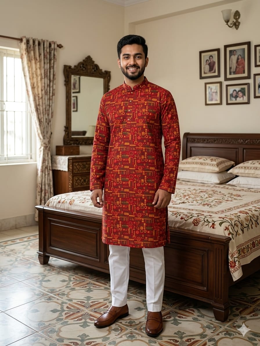 Men's Slub Cotton Panjabi with Skin Print, Sizes 38 to 46