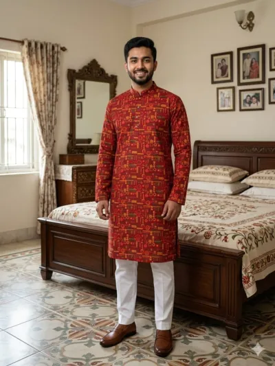 Men's Slub Cotton Panjabi with Skin Print, Sizes 38 to 46