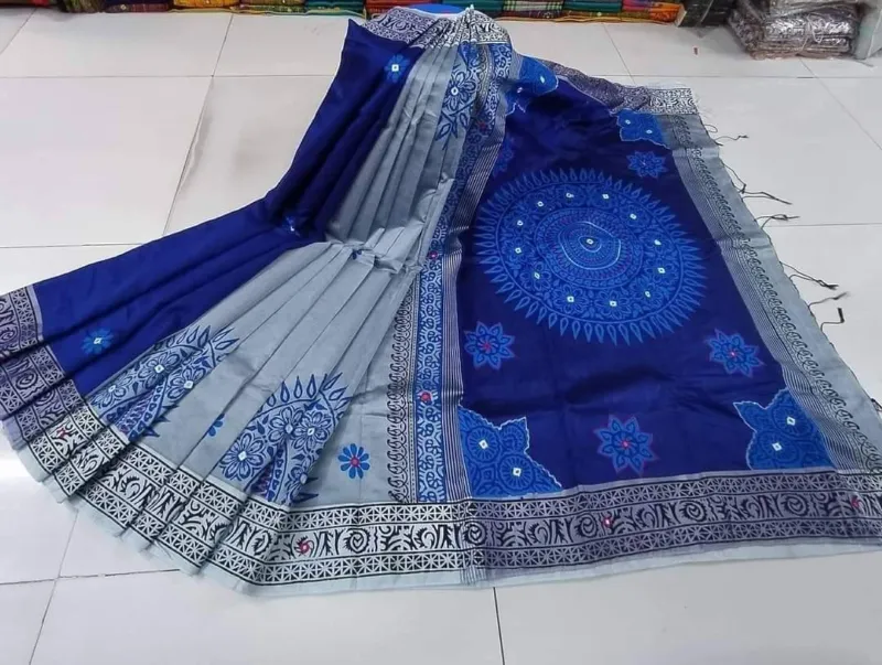 Women's Block Printed Dhupian Silk Saree, Embroidery Work
