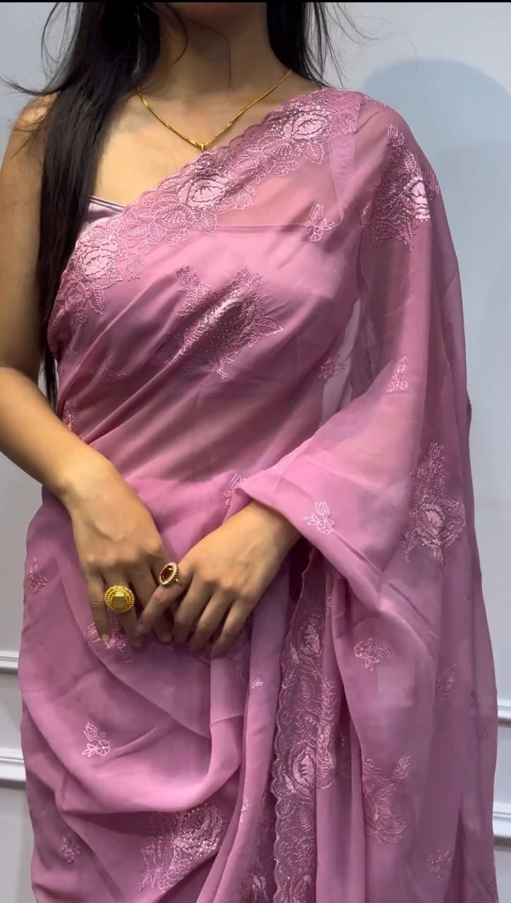 Chinigura Georgette Saree with Sequin and Embroidery Work, 12 Haath