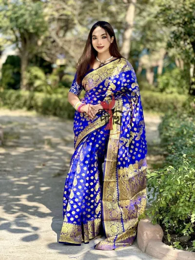 Silk Katan Saree with Golden Thread and Zari Work, 12 Haath