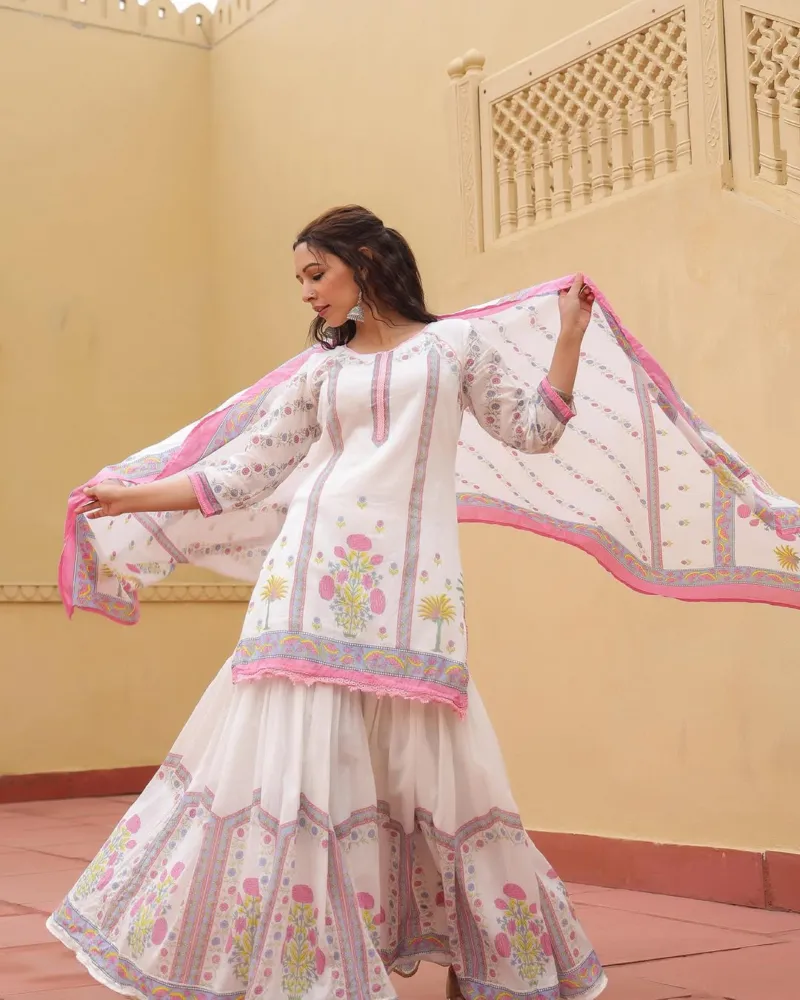 Women's Pure Cotton Sharara Three Piece, Sizes 36 to 46