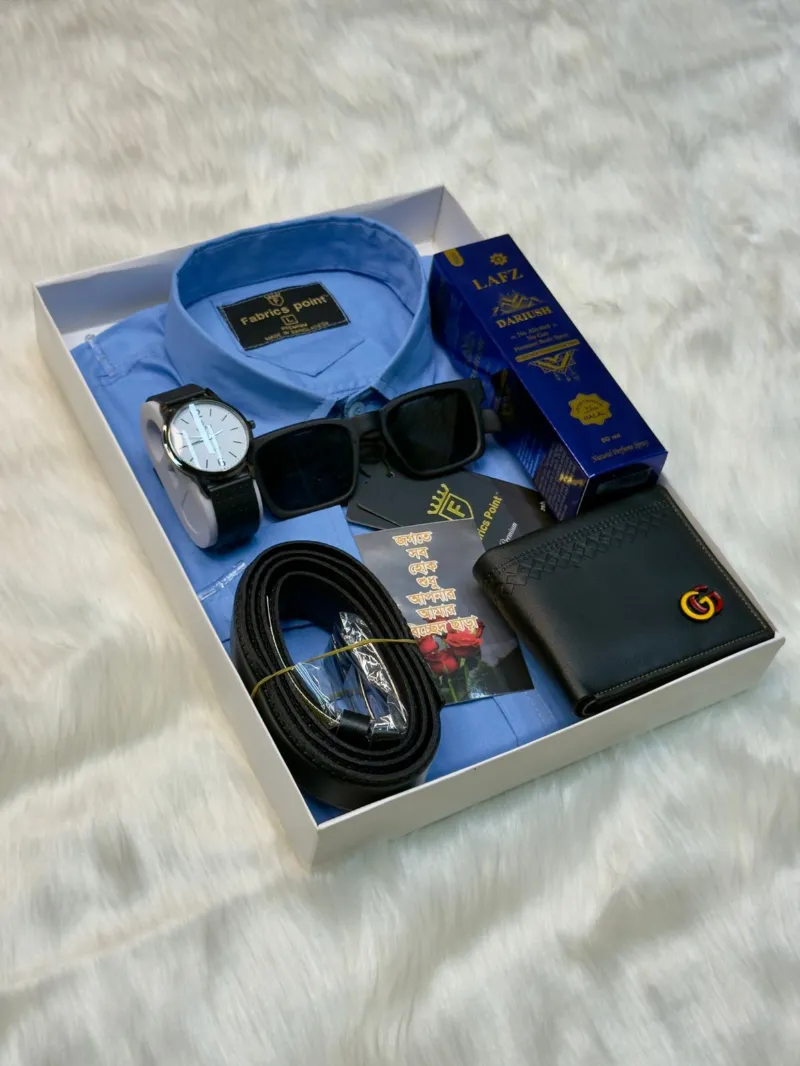 Men's Cotton Shirt Gift Set with Watch, Perfume and Gift Card