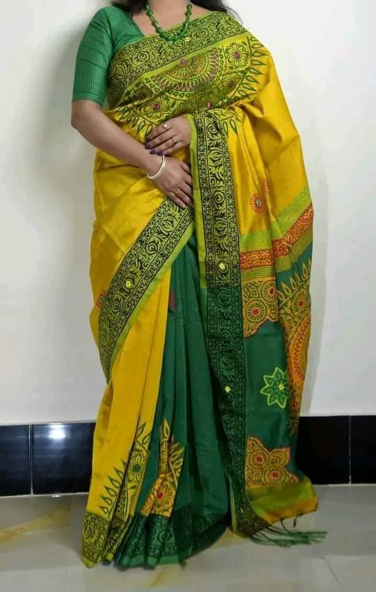 Women's Half Silk Hand Print Saree in 6 Shades, 12 Haath