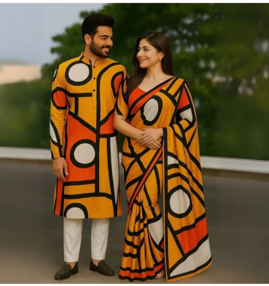 Couple Eid Combo, Digital Print Silk Saree, Panjabi and Pajama