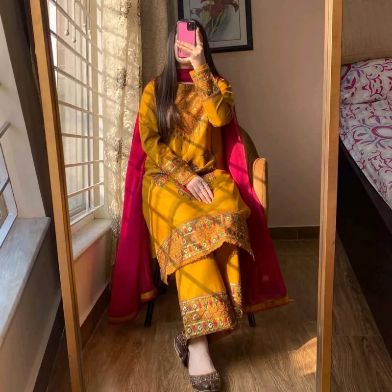 Women's Soft Cotton Embroidered Three Piece with Chiffon Orna