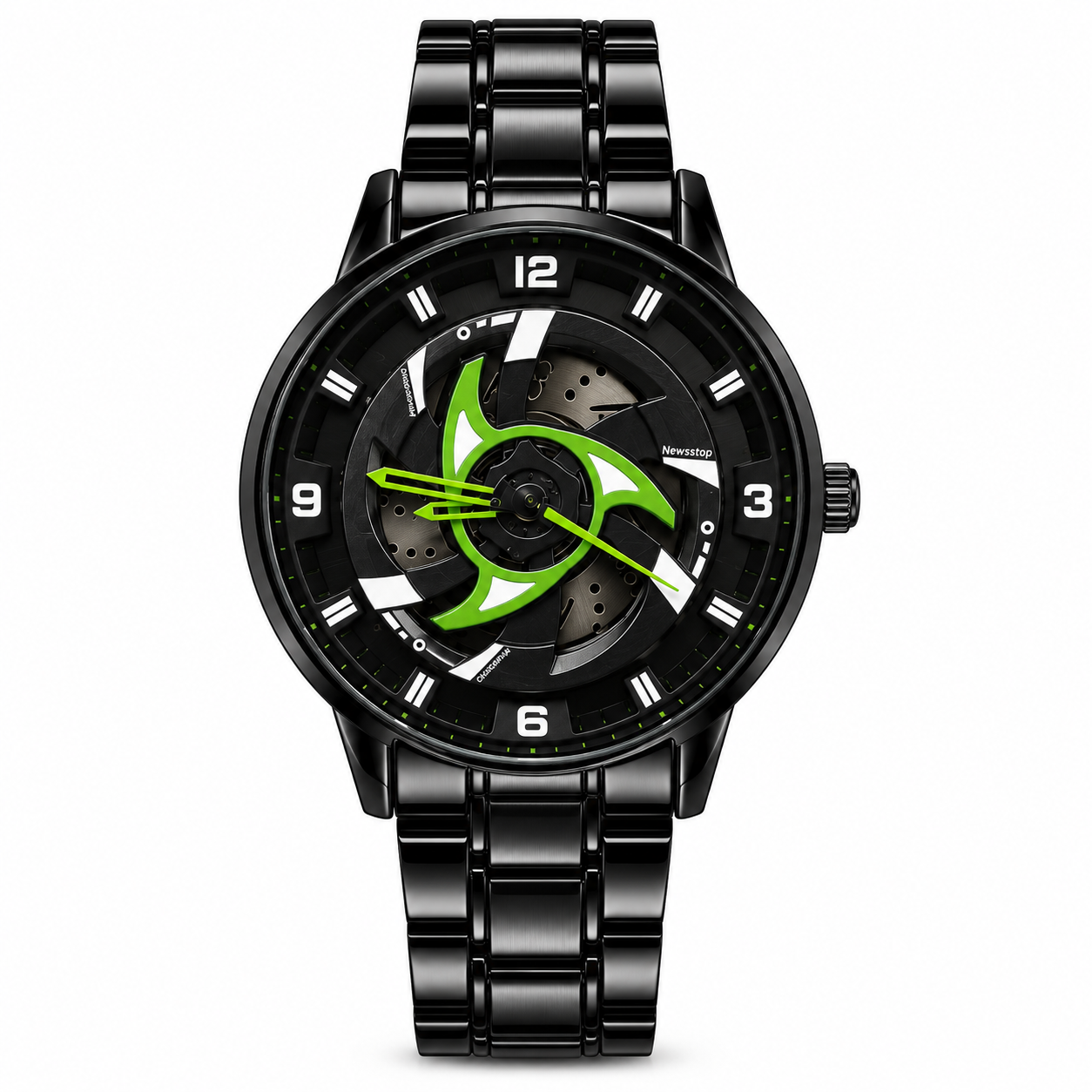 360° Rotating Car Wheel Rim Quartz Watch – Matte Black Metal Sports Wristwatch, 3D Alloy Rim & Brake Disc Dial, Stainless Steel Strap & Scratch-Resistant Glass for Men
