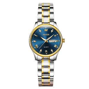 Olevs 5563 Luxury Fashion Round Quartz Women's Watch – Silver Gold & Blue