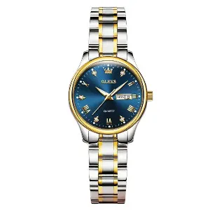Olevs 5563 Luxury Fashion Round Quartz Women's Watch – Silver Gold & Blue