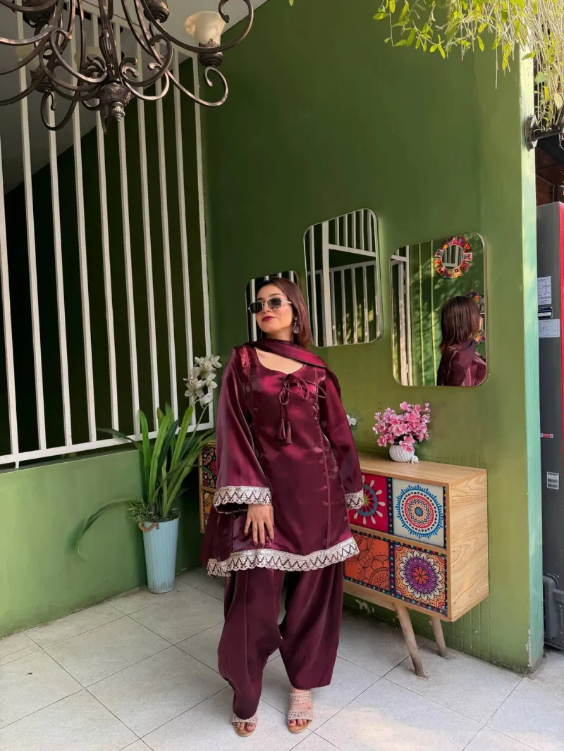 Women's Shamu Silk Three Piece Gown with Sequin and Zari Work