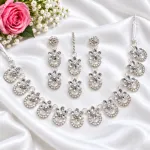 Silver Plated Crystal Jewelry Set – Necklace, Earrings & Maang Tikka