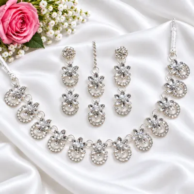 Silver Plated Crystal Jewelry Set – Necklace, Earrings & Maang Tikka