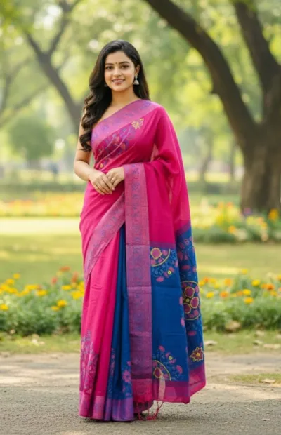 Nakshi Dhupian Silk Saree with Block Print and Embroidery
