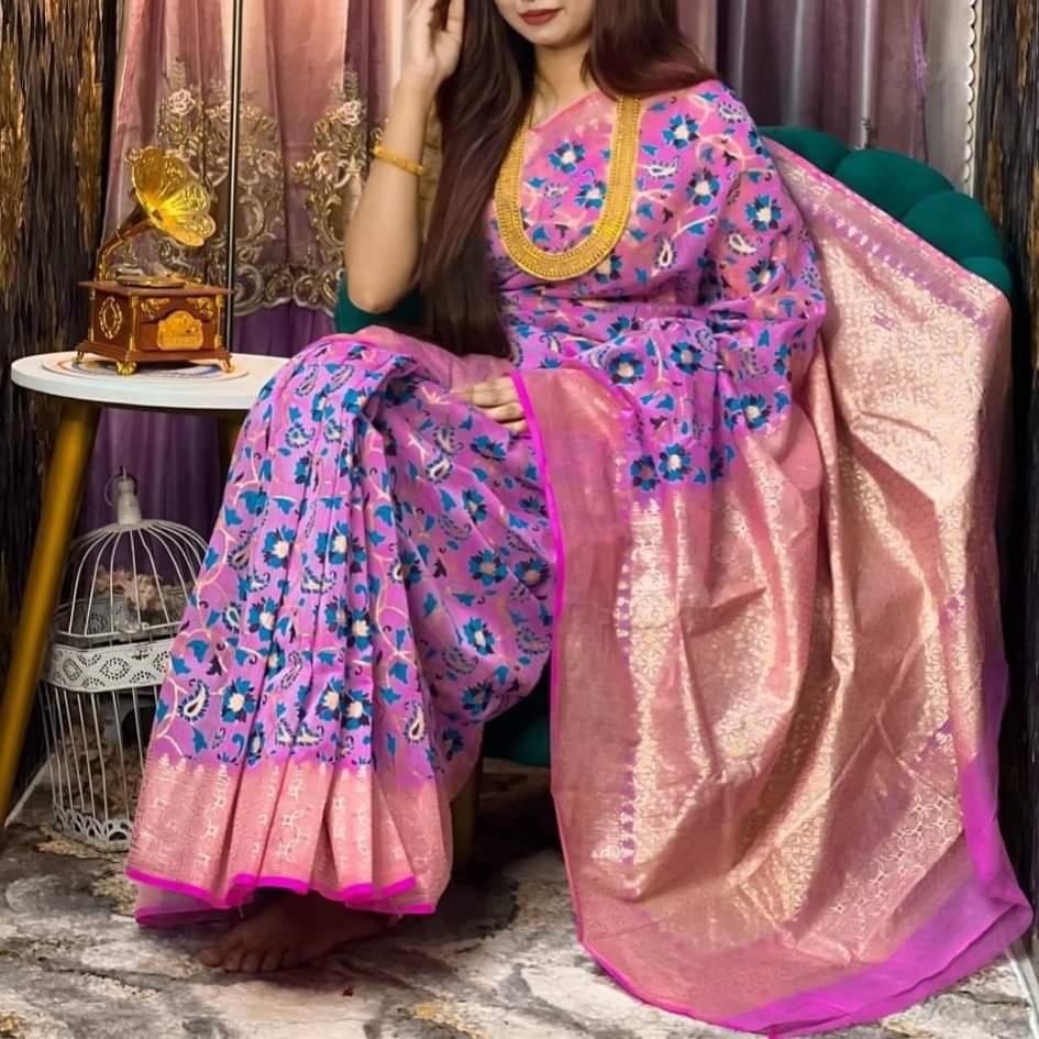 Hand Printed Half Silk Saree in 6 Colours, 12 Haath Long