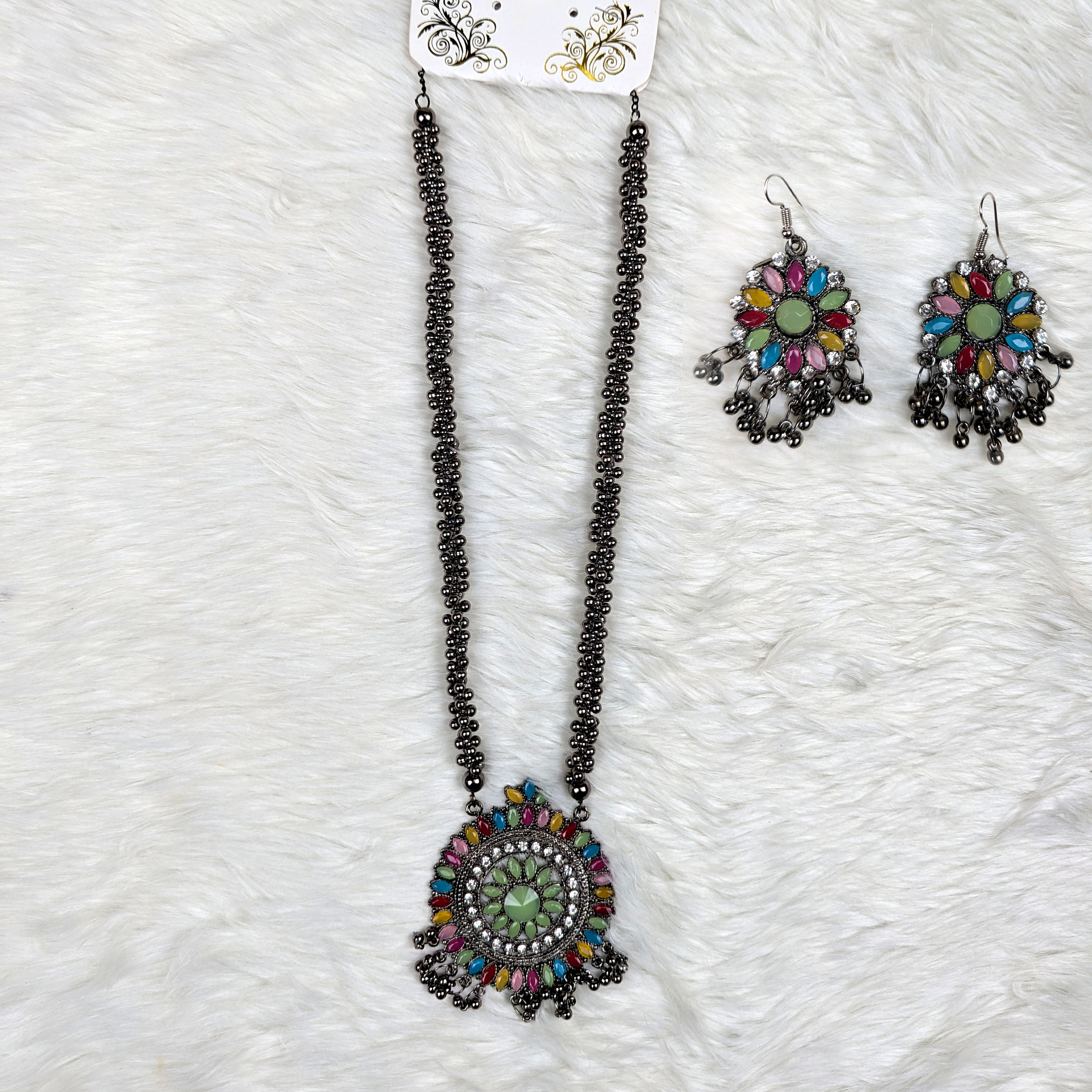 Antique Oxidized Necklace & Earrings Set – (Multiple Colors Available)
