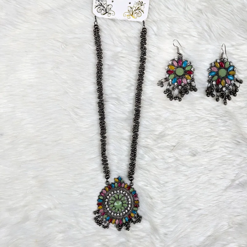 Antique Oxidized Necklace & Earrings Set – (Multiple Colors Available)