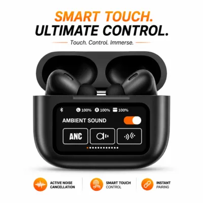 A9 Pro ANC True Wireless Earbuds – Smart Touch Screen Charging Case, Active Noise Cancellation, 13mm Drivers, GPS Location & 35H Battery