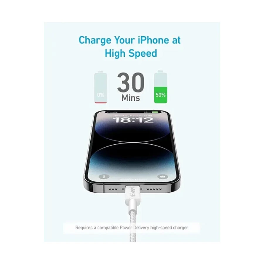 Anker 322 USB-C to Lightning 0.9 Meter White Braided Charging Cable