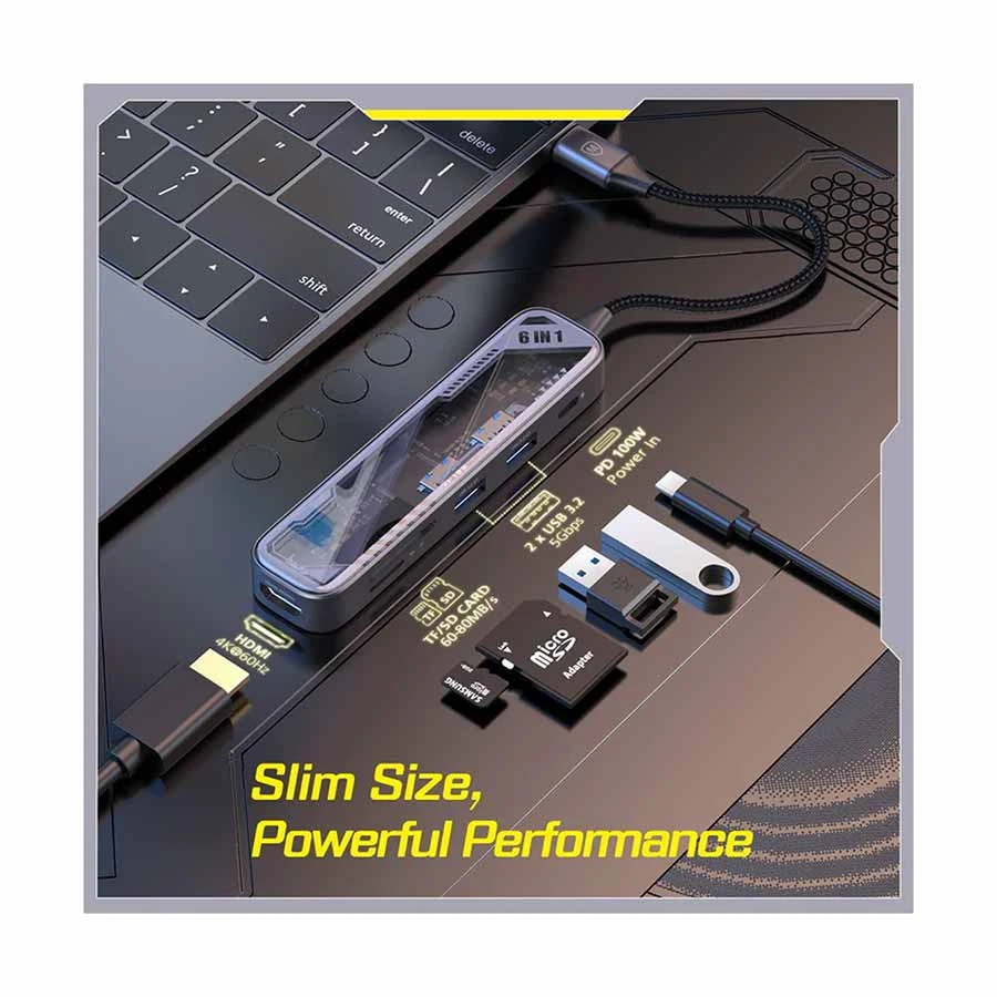 Micropack MDC-N6T USB-C to HDMI, Dual USB, PD, TF & SD Hub Gray