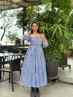 Women's Cotton Check Print Gown Kurti with Lace and Belt