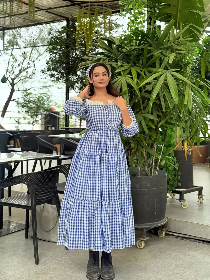 Women's Cotton Check Print Gown Kurti with Lace and Belt