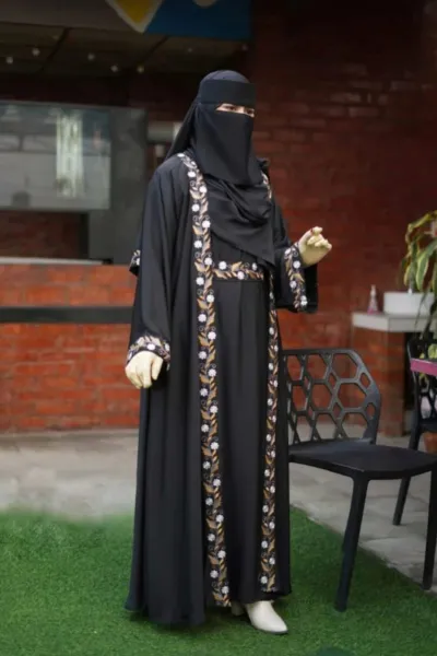 Embroidered Koti Borka Set with Niqab, Belt and Hijab