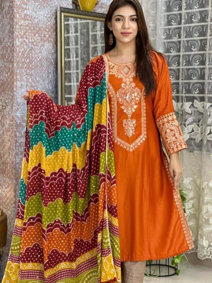 Linen Sequin Embroidery Three Piece with Butter Silk Salwar