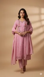 AC Cotton Karchupi Three Piece with Butter Silk Pant, Free Size