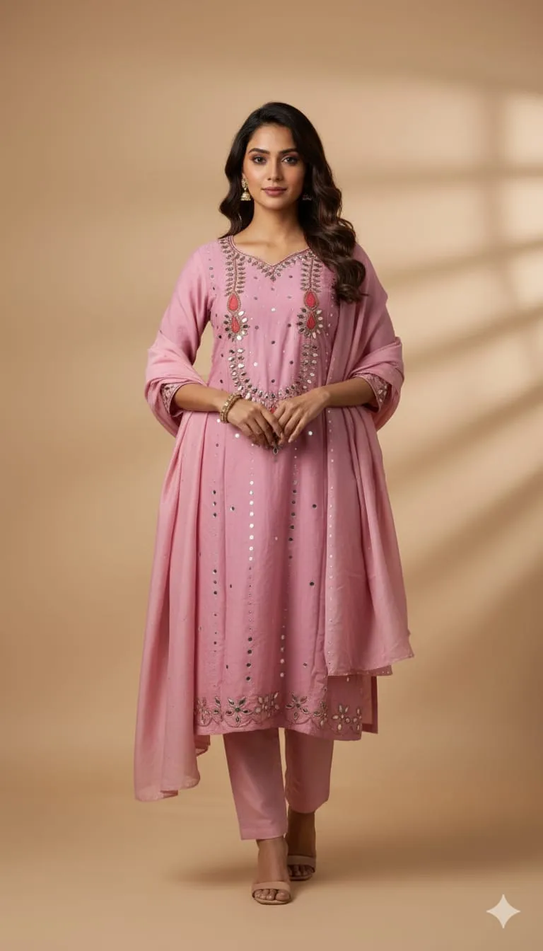 AC Cotton Karchupi Three Piece with Butter Silk Pant, Free Size