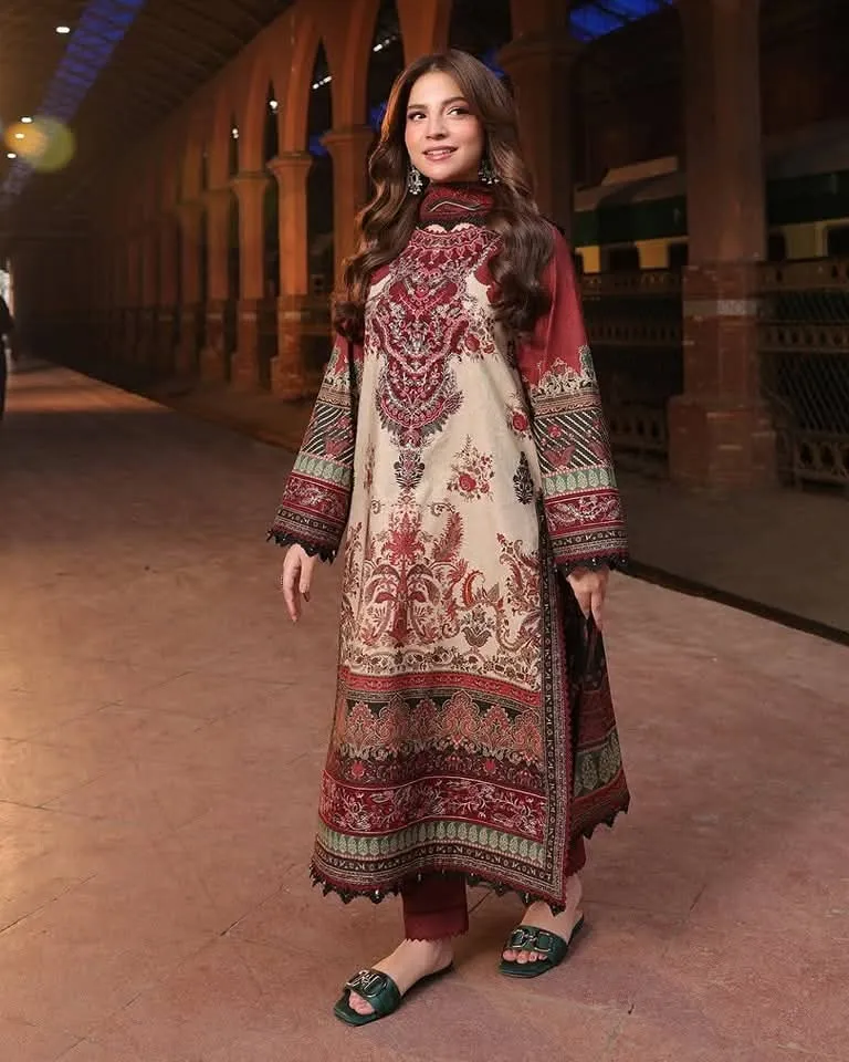 Digital Print Micro Stitch Three Piece with Lace, Sizes 36 to 46