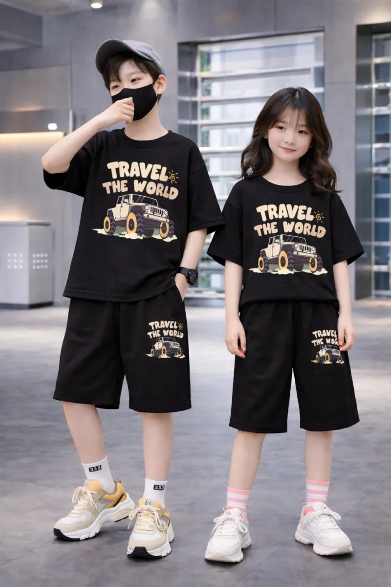 Kids' Drop Shoulder Cotton T-Shirt and Pant Set, 200/220 GSM