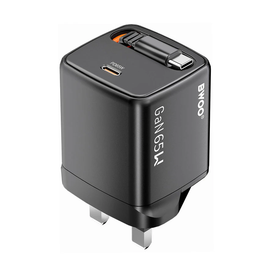 Bwoo BO-CDA232 65W GaN Charger with Retractable USB-C Cable Black (UK)