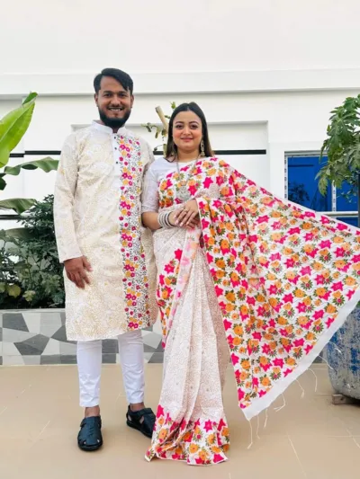 Matching Saree and Panjabi Couple Set in Block and Screen Print