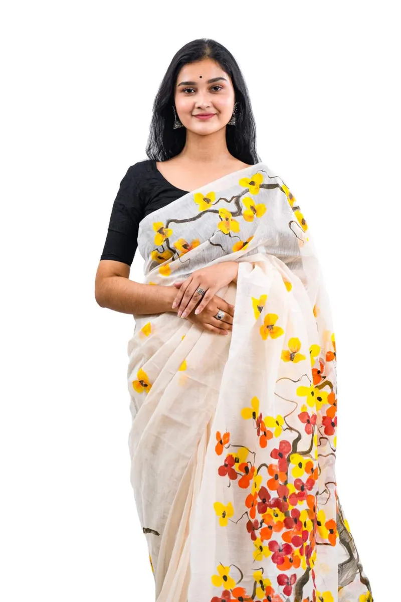 Brush Painted Half Silk Saree, Hand Work in 6 Colours