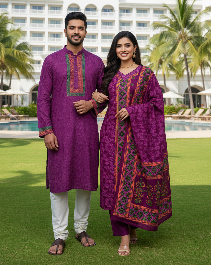 Couple Full Sleeve Three Piece and Hand Print Silk Panjabi