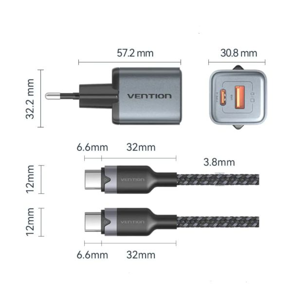 Vention 2-Port GaN Charger 30W USB-C + 18W USB-A, EU Plug with 1M USB-C Cable