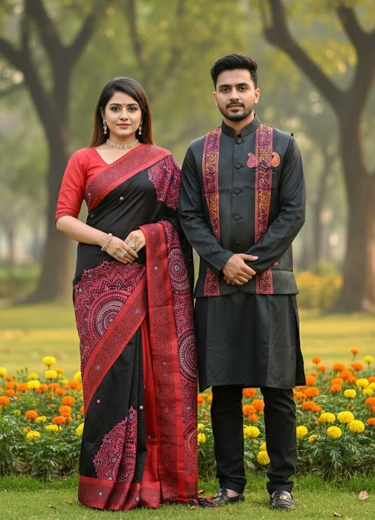 Nakshi Tangail Saree and Koti Panjabi Couple Set, 6 Colours